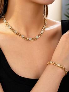 Set de collar y pulsera con cadena de metal con diamante en forma de corazón, elegante y de moda, adecuado para uso diario de mujeres y como regalo - Amarillo Oro - Ver 1