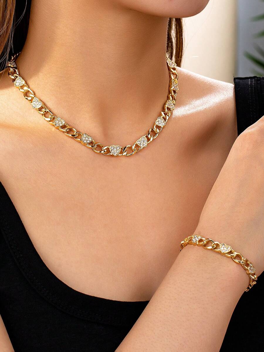 Set de collar y pulsera con cadena de metal con diamante en forma de corazón, elegante y de moda, adecuado para uso diario de mujeres y como regalo - Amarillo Oro - Ver 1