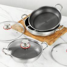 高品质不锈钢炒锅，带玻璃盖不粘锅，平底锅，三层不锈钢，304 不锈钢