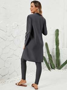 VFJ 3 件套穆斯林女士高腰弹力面料端庄泳衣套装，带霓虹绿饰边，全覆盖 - 深灰色 - 查看 6