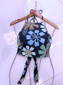 cropped floral bloco de cores casual festa elegante costas nuas feminino novo estampa 3D - Azul cadete - Visão 1