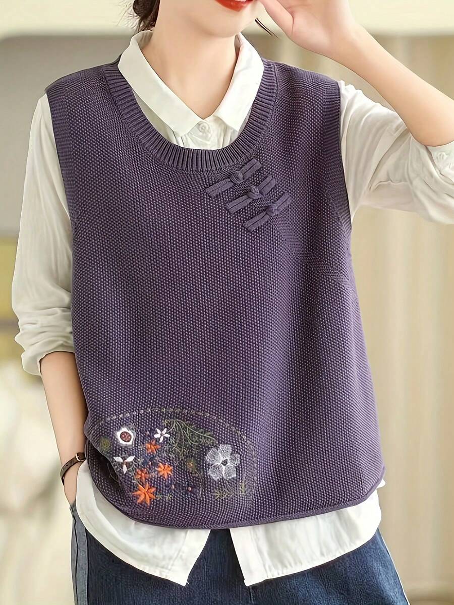 Chaleco Bordado Floral para Mujer, Sin Mangas con Cuello Redondo, Atuendos Casuales e Informales de Otoño-Invierno, Chalecos Versátiles, Tejido Elegante No Transparente - Morado - Ver 1