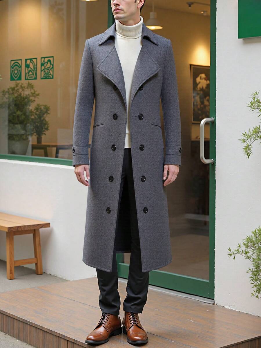 Abrigo largo para hombre de gabardina, abrigos para hombre en colores caqui negro gris con doble fil a de botones, elegante y formal para ocasiones especiales - Gris Oscuro - Ver 1