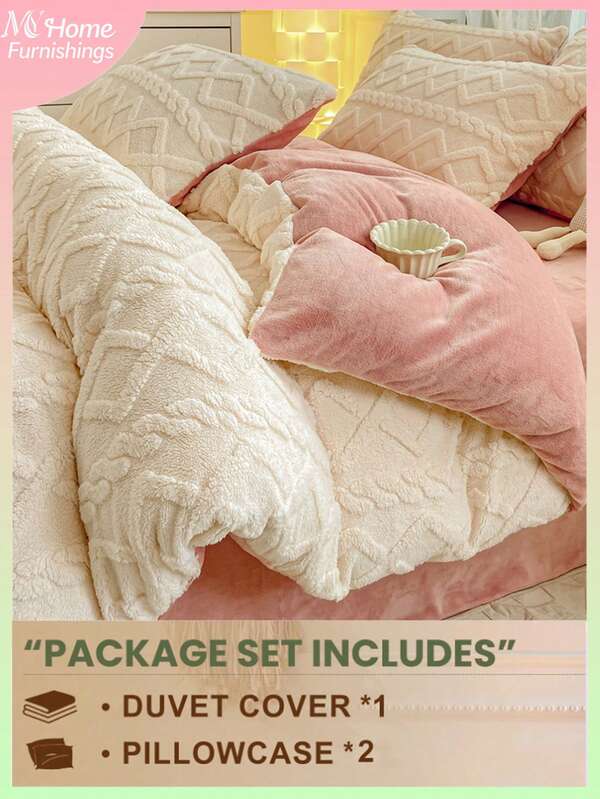 3pcs Ivory Velvet & Pink Crystal Velvet Bedding Set, Includes 1 Duvet Cover & 2 Pillowcases, Soft & Comfortable Home Textile, Skin-Friendly, Available In Multiple Colors