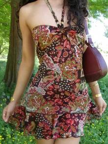 Vintage  American Neck-Wrapped Chest Skirt Design Sense Spice Girl Low-Rise Ruffle Edge Skirt Dress - 棕色 - 查看 3
