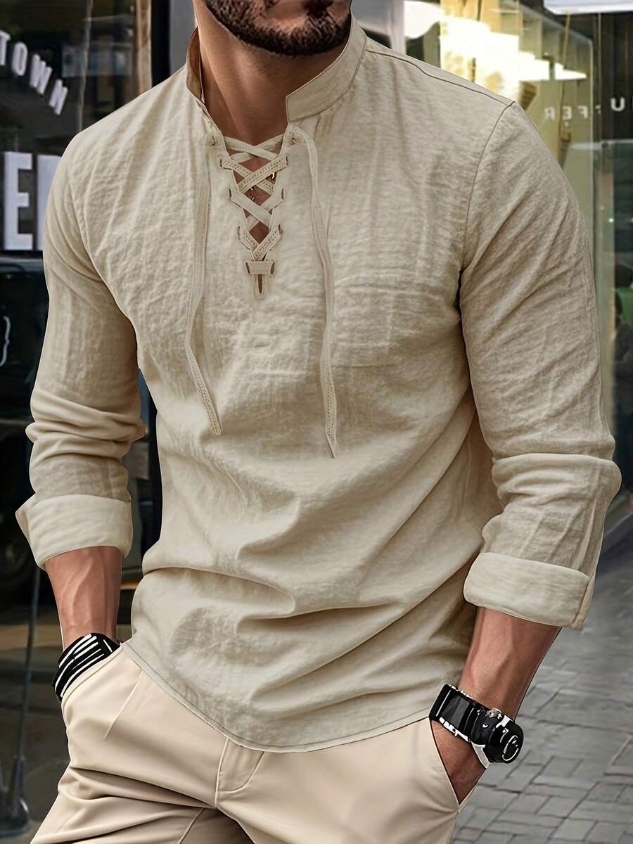 Camisa casual de cuello en V con cordón para hombres - Caqui - Ver 1