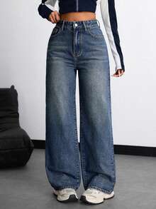 XIANGHE Jeans holgados de tiro alto con lavado de agua y bolsillos, efecto desgastado para mujer, otoño - Azul lavado oscuro - Ver 1