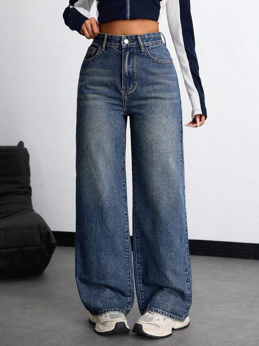 XIANGHE Jeans holgados de tiro alto con lavado de agua y bolsillos, efecto desgastado para mujer, otoño - Azul lavado oscuro - Ver 1