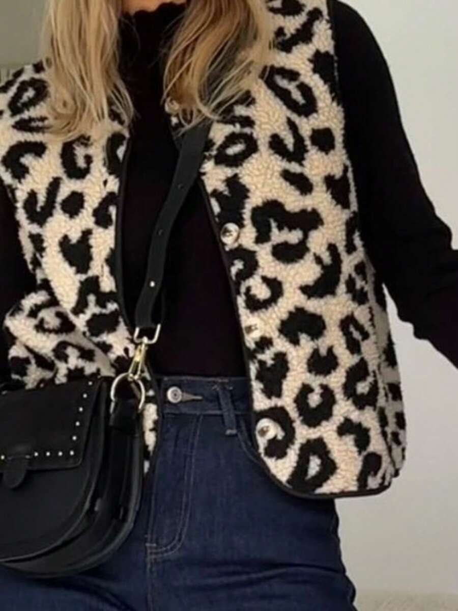 Leopard Print Contrast Trim Front Button Sleeveless Fuzzy Jacket, Suitable For Everyday Wear,Sleeveless Vest, Leopard Print Faux Shearling Vest,Autumn/Winter