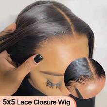 CUEKI 5x5 直发 60% 真人发丝 女士高清透明蕾丝闭合假发 黑色直发 180% 密度纤维混合真人发丝 预拔预剪无胶假发 黑色