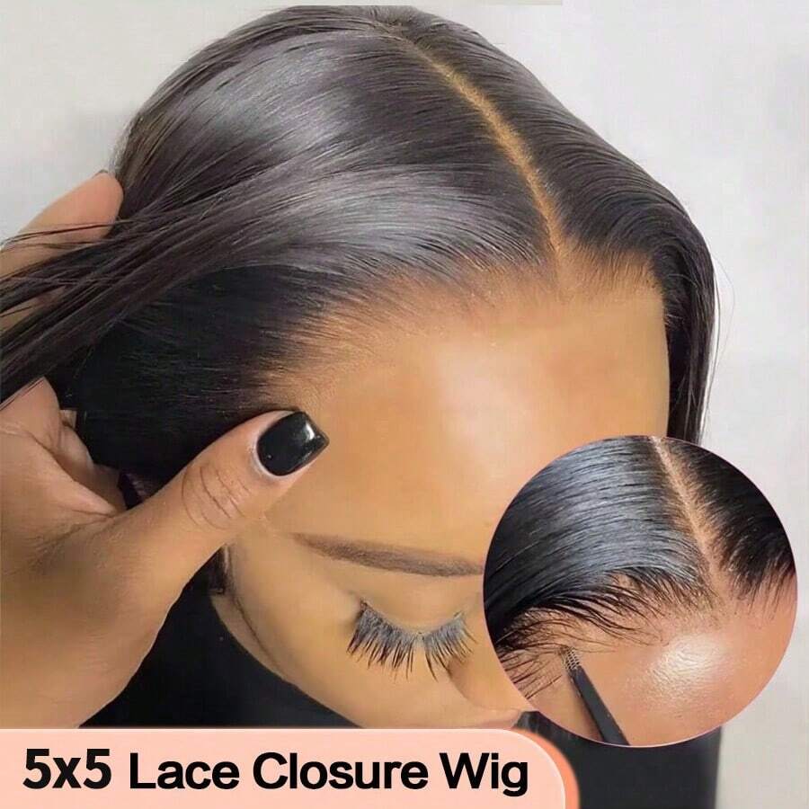 CUEKI 5x5 直发 60% 真人发丝 女士高清透明蕾丝闭合假发 黑色直发 180% 密度纤维混合真人发丝 预拔预剪无胶假发 黑色