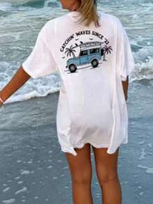 Women's Y2k Coconut Tree Graphic Oversized T Shirts Tops - Women's T-Shirts - Vacation Outfits Women - 2026 New Summer Tops - 藍白色 - 查看 7
