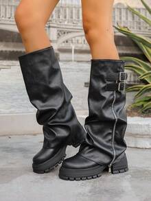 DareSee 秋冬新款女鞋，时尚圆头厚底过膝长靴，黑色、棕色、白色、米色百搭褶皱粗跟长靴，休闲翻边靴，舒适多场合百搭摩托车靴，舒适西部长筒骑马靴，圣诞礼物 - 黑色 - 查看 8