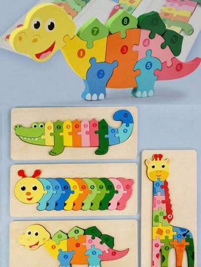 3D Wooden Animal Shape Puzzles - Dinosaur, Caterpillar, Giraffe, Crocodile, Early Childhood Educational Toys, Exercise Fine Motor Skills And Logical Thinking, Cognitive Development Toys, Easter/ Gift