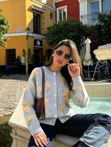 Joy Knit Women's Autumn/Winter Sweater, Fashion New Style - Basic Tops - Casual Versatile Elegant Design - Floral Jacquard Crew Neck Button Knit Cardigan Sweater Jacket - Office Outfits For Women - Going Out Tops - Party