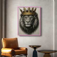 1pc Restickable Framed Lion Of Judah Art Print, Wood Frame, Biblical Inspired Regal Animal Wall Decor With Gold Crown & Scripture Accent, Spiritual Artwork For Living Room, Office, Or Prayer Room, Made In USA, Ready To Hang Art Prints - 粉色 - 查看 4