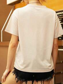 Women'S Casual Crew Neck T-Shirt With Purple Rose And Butterfly Graphic Print,Ideal Birthday Or Holiday Gift, White And Navy The-Shoulder Cropped Top - 卡其色 - 查看 2