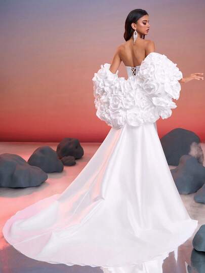 Vestido de Festa Elegante e Luxuoso Anymoon com Decoração Floral Manual, Vestido de Noiva com Cauda Ideal para Ocasiões Formais, Festas e Eventos de Casamento