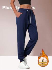 1pc Women's Thermal Lined Warm Sports Pants, Windproof & Thermal, Casual Joggers Trousers For Autumn/Winter - Navy Blue - View 1