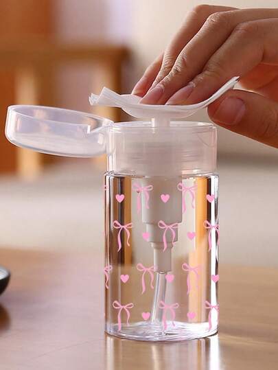 150ml/200ml/300ml Nail Art Pump Bottle, Transparent Bottle With Pink Bow Pattern, Alcohol Remover Liquid Storage Container, Large Capacity Reusable Makeup Remover Bottle, Acetone Remover, Pump Head, Empty Cosmetic Acetone Container Travel Bottle, Makeup Accessories Essential For Dorm And Bathroom