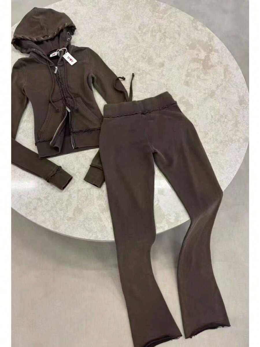 Women's Contrasting Color Waistband Splicing Micro Flared Knitted Sweatshirt, Slim Fit And Fitness Pants, Casual Pants, Sports And Leisure Set, Two-Piece Set - màu nâu - Xem 1