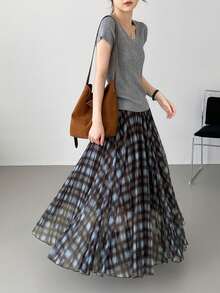 Women Skirts - Kẻ caro cà phê xanh - Xem 5
