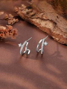 GAGAFEEL 一对925纯银优雅双层闪亮金色立方氧化锆耳钉，女士时尚耳钉，适合日常佩戴、派对配饰，精美礼品