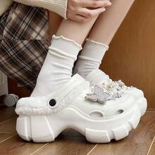 Thick Plush Lined Slippers, Butterfly Pearl Decor, Comfortable Casual Indoor Home Slip-On Shoes, Warm For Winter - White - View 3