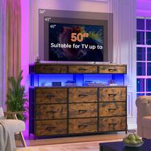 Tech-Enhanced Modern Dresser With Charging Hub & Ambient LED Lighting And 12 Customizable Fabric Drawers With 10MM Protective Acrylic Surface,Rustic Brown - View 2