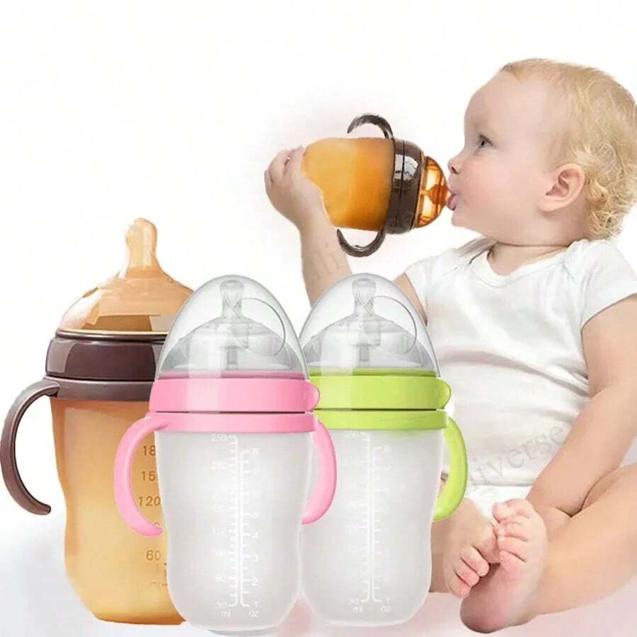 KUNT Biberón de silicona para bebé de 150ml/240ml con bola de gravedad y asa, anticólico, antideslizante, biberón para recién nacidos con asa para un agarre fácil