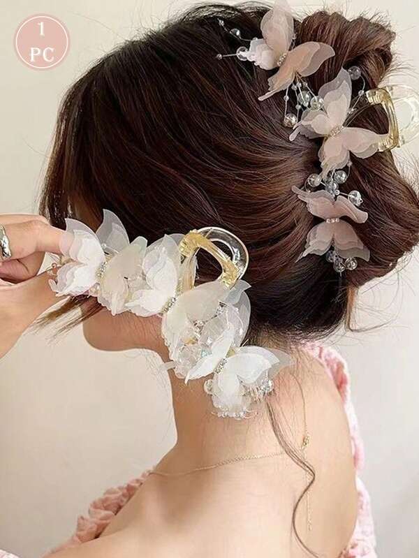 1 pieza Pinza de pelo de acrílico de unicolor estilo bohemio, Pasador de pelo con mariposa de malla y cuentas para mujer, Accesorio de pasador de pelo elegante para primavera, verano, otoño e invierno