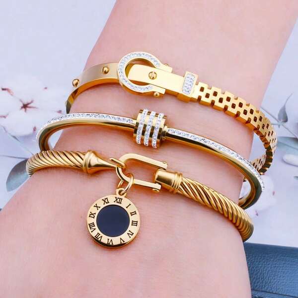 3pcs/1set LOVE Pendant Diamond Decorated Stainless Steel Bracelet, Fashion Multilayer Combination With Roman Braided Steel Wire Bracelet, Gift