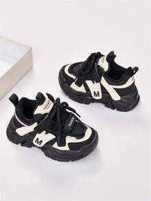 1 Pair Black Thermal Lined Warm Children's Casual Sports Shoes, Leather Upper Breathable Kids Shoes, Comfortable & Fashionable Hook And Loop Closure, Suitable For Spring/Summer, All Season, New Style For Boys And Girls, Infant/Toddler Shoes - Black - View 4