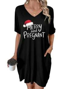 Merry And Pregnant A Festive Holiday Message Summer Dresses For Women Casual Sundress Beach Pocket Loose Plus - màu đen - Xem 1