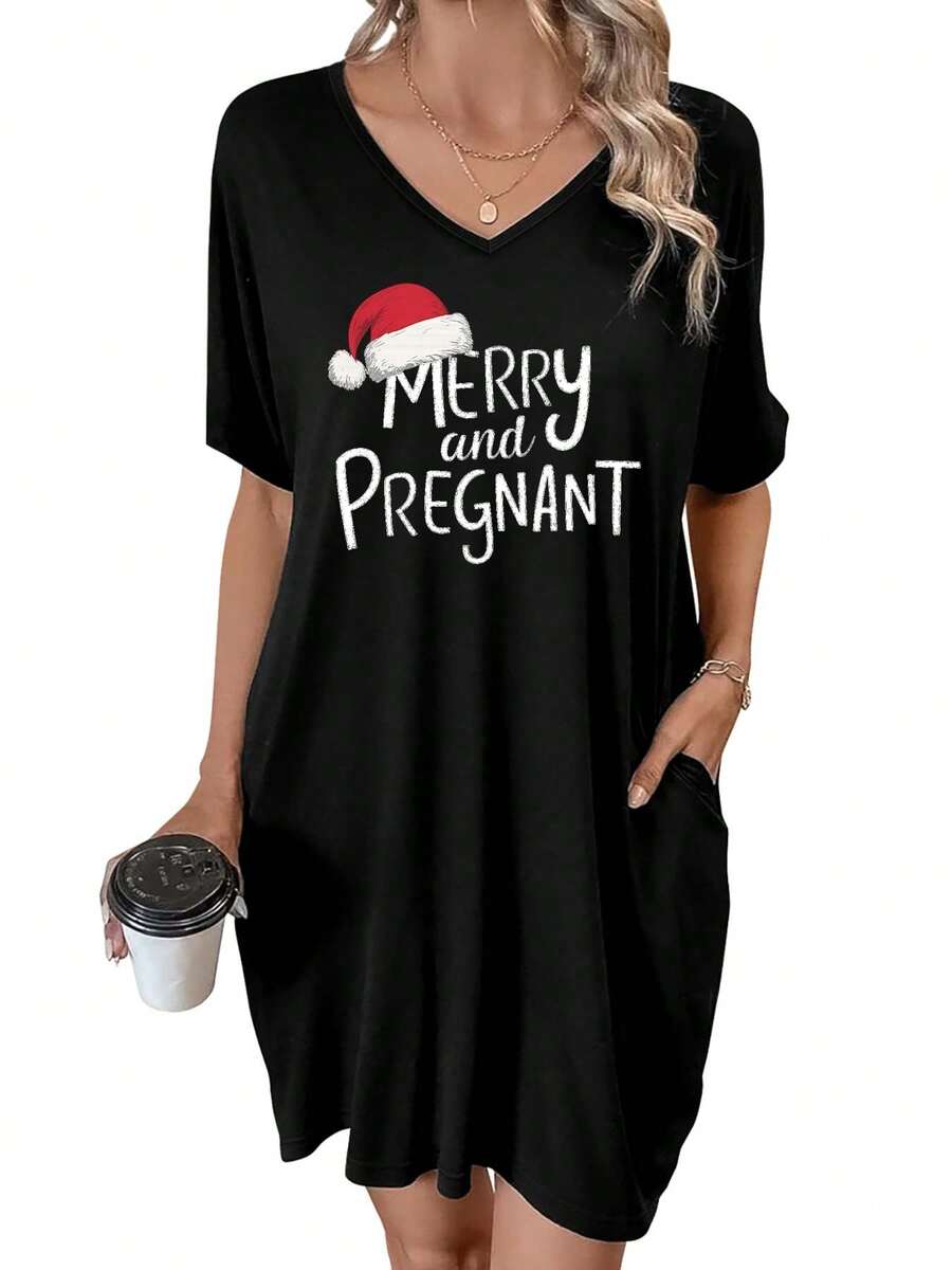 Merry And Pregnant A Festive Holiday Message Summer Dresses For Women Casual Sundress Beach Pocket Loose Plus - màu đen - Xem 1