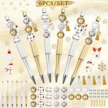 6 قطع قلم DIY مزين بالخرز ذو موضوع نجوم الثلج الذهبية والفضية، خرز خشبي، شرابة وقلادة من السبائك المعدنية، تشمل سحر نجمة الثلج والثلجي والرنة، هدية عيد الميلاد رائعة ولوازم مدرسية/مكتبية