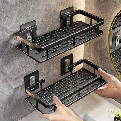 No Drill Large Capacity Wall Mount Rack - Space Saving Easy Install Organizer Shelf For Bathroom & Kitchen, Durable Plastic Storage Cabinet For Toiletries & Cosmetics, Includes Plastic & Aluminum Alloy Models, Black, White, With Adhesive Hooks