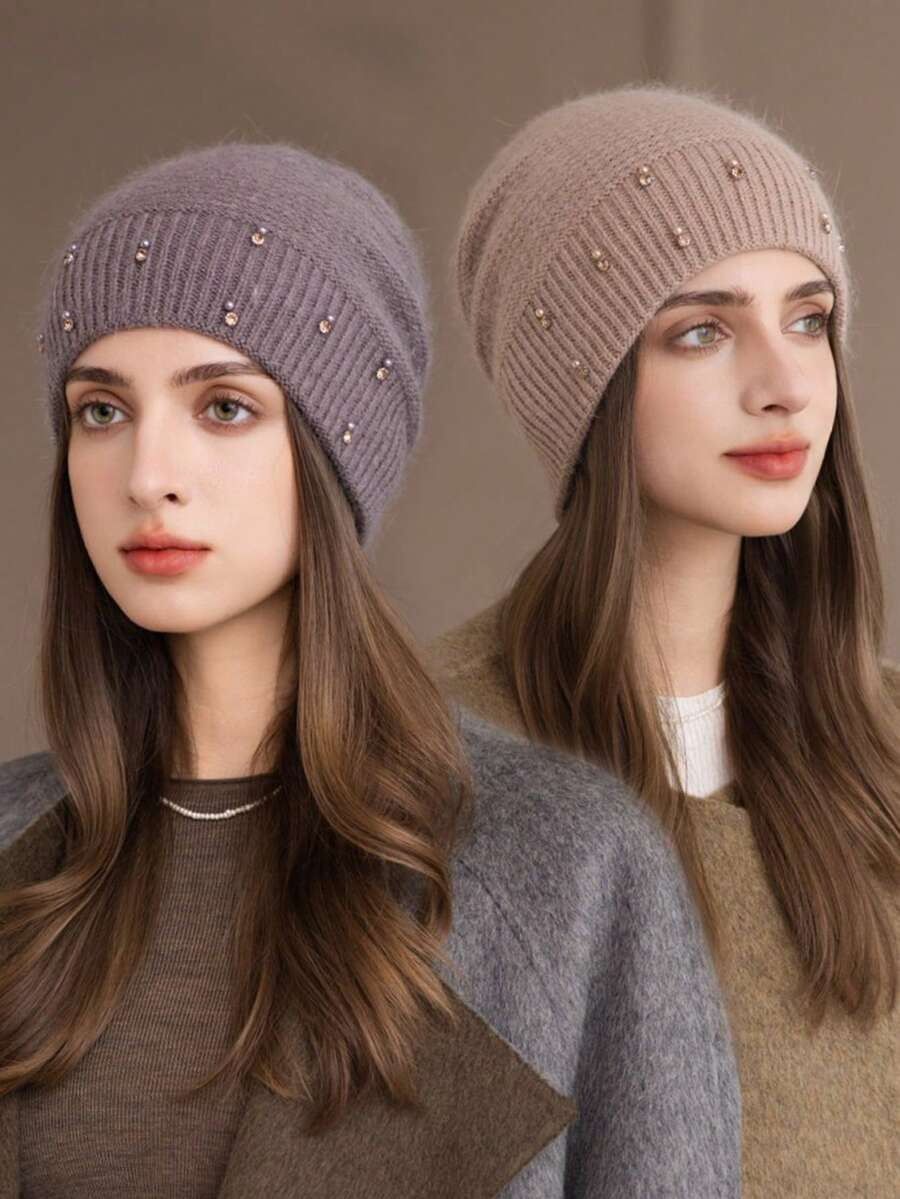 1pc Women's Rabbit Fur Knit Rhinestone Beanie Hat, Autumn/Winter Warm Thick Windproof Ski Cap, Fashionable & Versatile