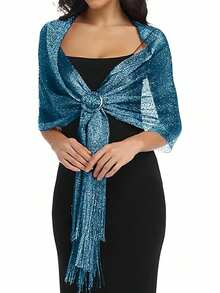 1pc Shiny Silver Metallic Flat Wrap Scarf With Clasp, Suitable For Bridal, Ball, Prom Evening Dress, Graduation - Teal - View 5