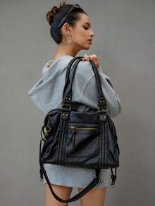 DareSee 2025 时尚女包，Y2K 复古摩托车包，柔软皮革大容量手提包，废土风格托特包，女士单肩/斜挎包，超柔软面料，波西米亚风女包，2000 年代时尚女包，复古女包，音乐节礼物 - 黑色 - 查看 3