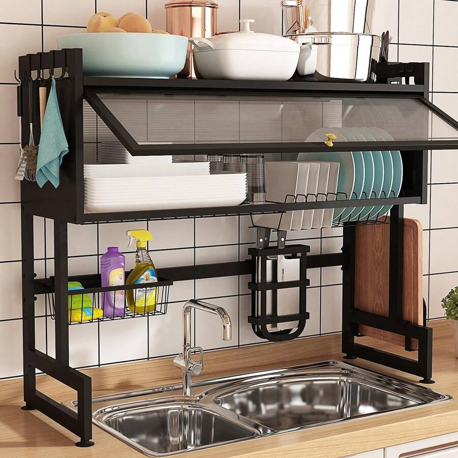 65cm Long Drainer With Translucent Door And Complete Accessories For Kitchen Sinks: Large-Capacity Dish And Cutlery Drying Rack,Kitchen Items For Ultimate Kitchen Efficiency With Cozy Fall& Winter Styles - Black - View 1