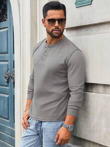 Men's Lightweight Waffle Henley Long Sleeve Shirt Casual Button Down Basic Top For Everyday Wear