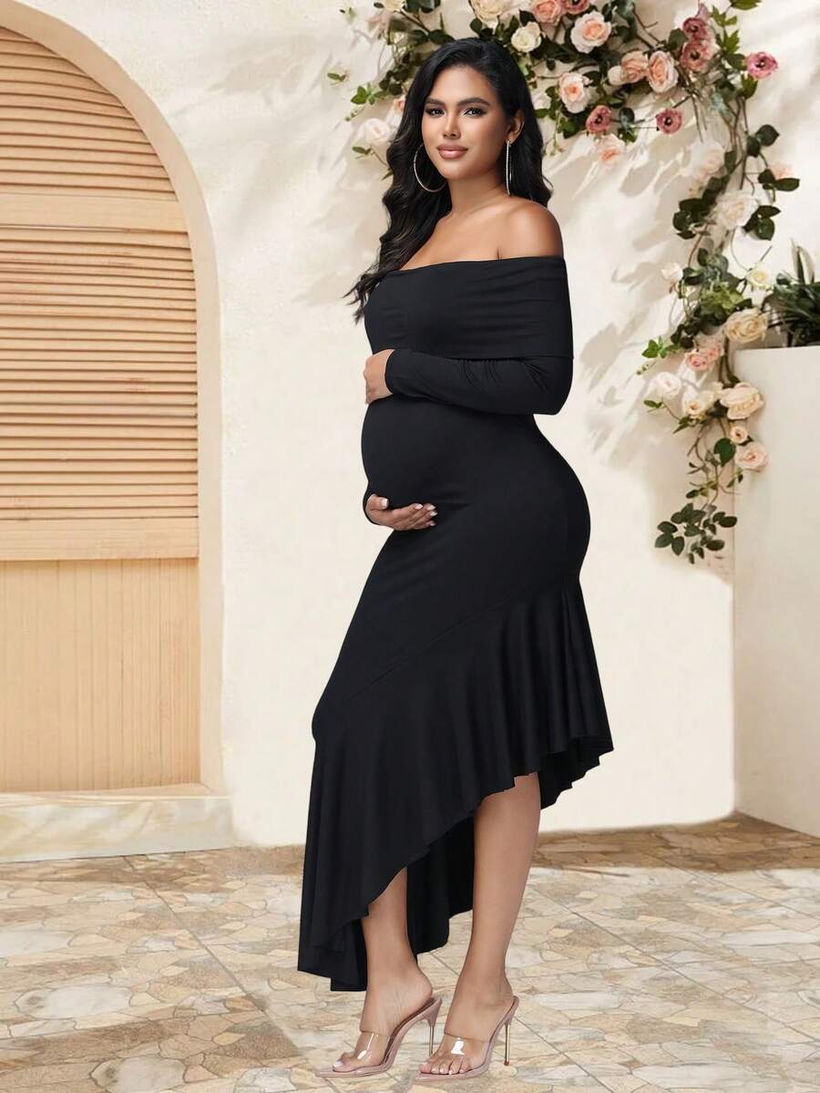 JustVH Maternity Bohemia Off-Shoulder Long Sleeves Dress Asymmetric Ruffle Hem Bodycon Maxi Dress For Baby Shower Photoshoot Party - Black - View 1
