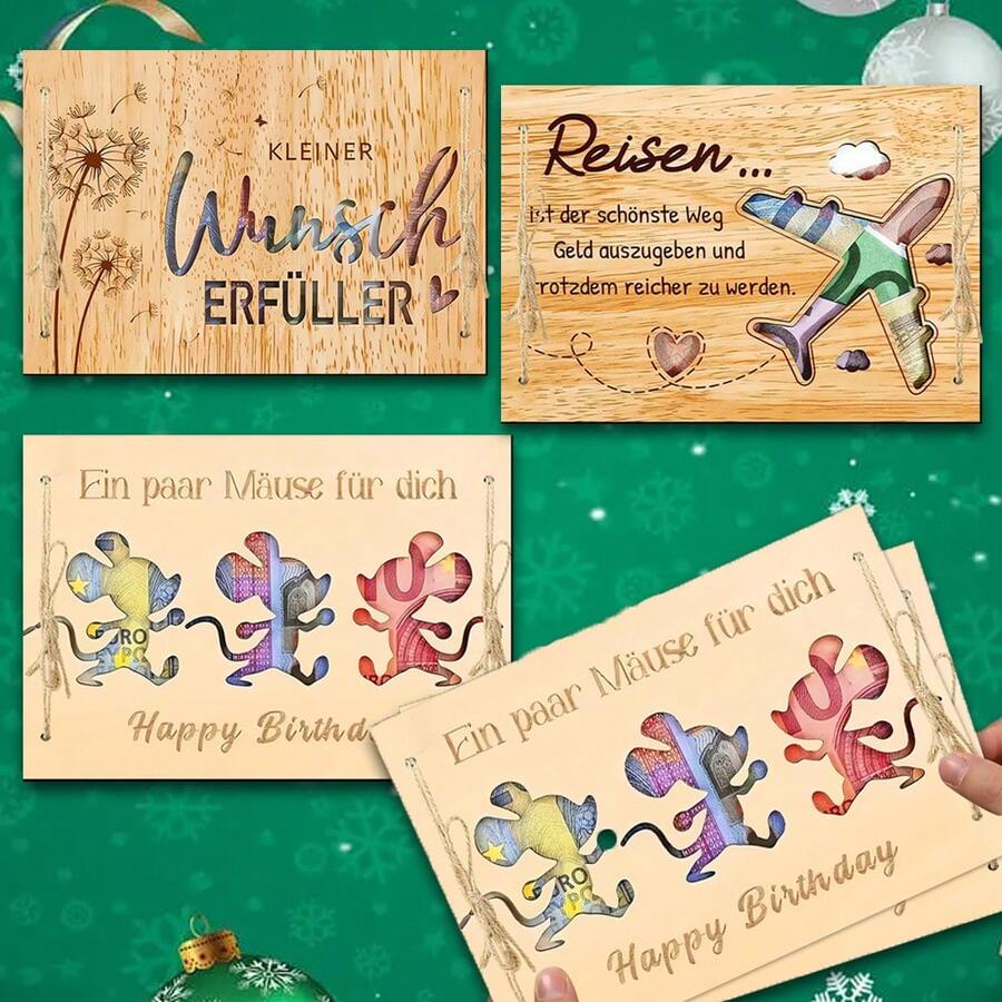 1 Piece Happy Birthday Cute Three Rats Wooden Money Holder Ornaments 2D Flat Double-Layer Wooden Decoration Plaque Ornaments Money Postcard Decoration Ornaments Birthday Gifts Christmas Gifts For Best Friends - Multicolor - View 1