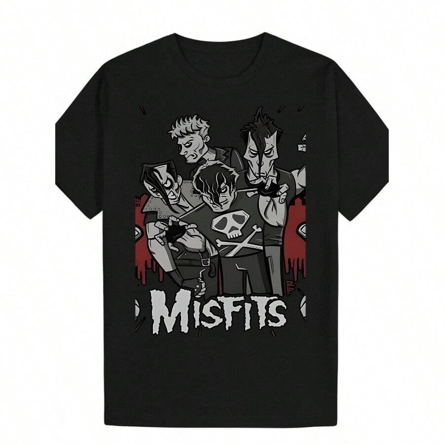 Men'S Summer Casual Crew Neck T-Shirt - Misfits Graphic Tee With Iconic Character Design, Black Polyester Tee For Fans Of The Band, Music Fan Apparel|Playful Graphic Tee|Polyester Fabric - 黑色 - 查看 1