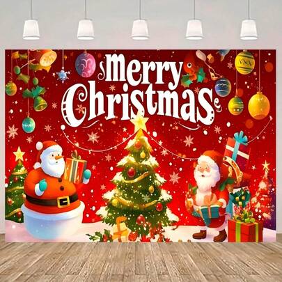 1 件圣诞派对背景布，采用涤纶面料制成，印有“圣诞快乐”字样，图案包括圣诞老人、圣诞树、装饰品和礼物，是圣诞派对、家居装饰、节日聚会和节日活动的理想之选。