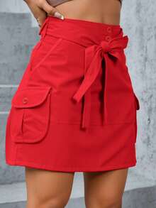 Falda para dama corta bolsillos laterales grandes botones pretina ancha ligero urbano casual fresca cómoda - Rojo - Ver 1