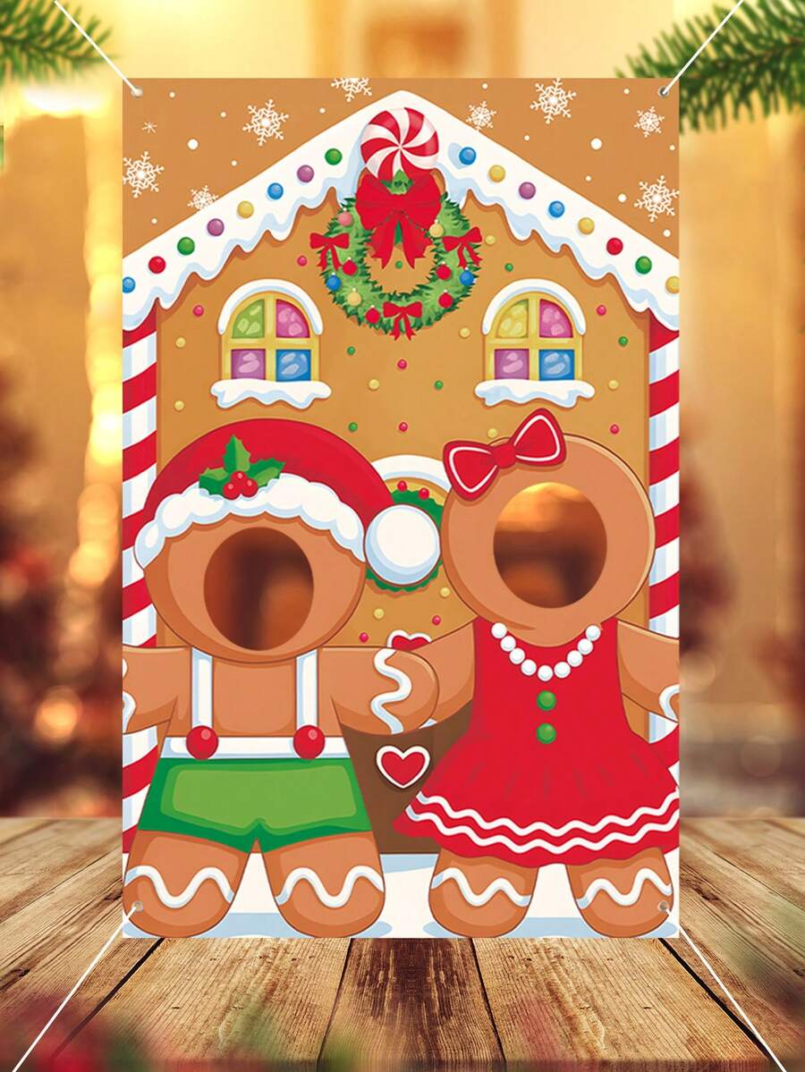 1pc Gingerbread Man Christmas Photo Backdrop Banner, Christmas Photo Props, Vinyl Christmas Photography Backdground Cloth, Christmas Door Cover, Merry Christmas Decorations For Home, Christmas Party Photoshoot Background Decor, Christmas Wall Decor
