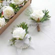 1支手持人造玫瑰花束，白色和香槟色，新娘和伴娘装饰（白色/香槟色，常规尺寸）