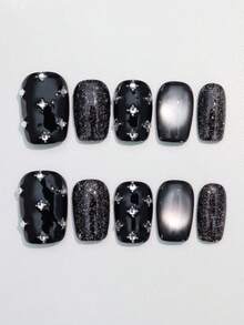 10pcs Pure Handmade Press Short Square Nails Black Nails Y2k Cool Personalized Fasion Hot Girl Style Cat Eye Delicate Small Rhinestones For Women And Girl,Fall Winter Festivals Halloween Party And Daily Life Use Nail Supplies - Black - View 1